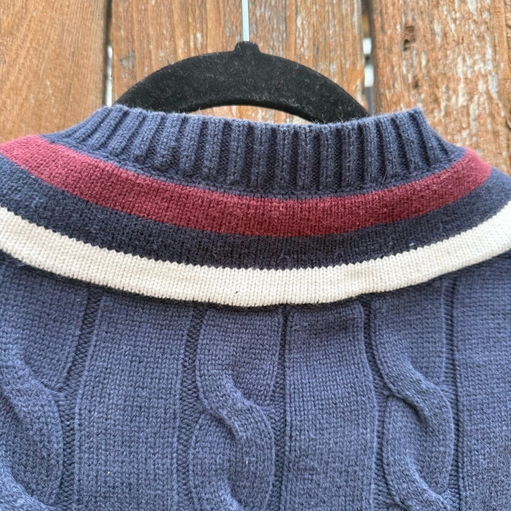 Brooks Brothers Navy Red White V Neck Cable Knit Tennis Sweater Vintage Small - Picture 9 of 10